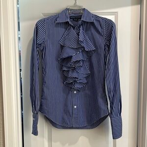 Ralph Lauren Navy Striped Button Down Ruffle Shirt